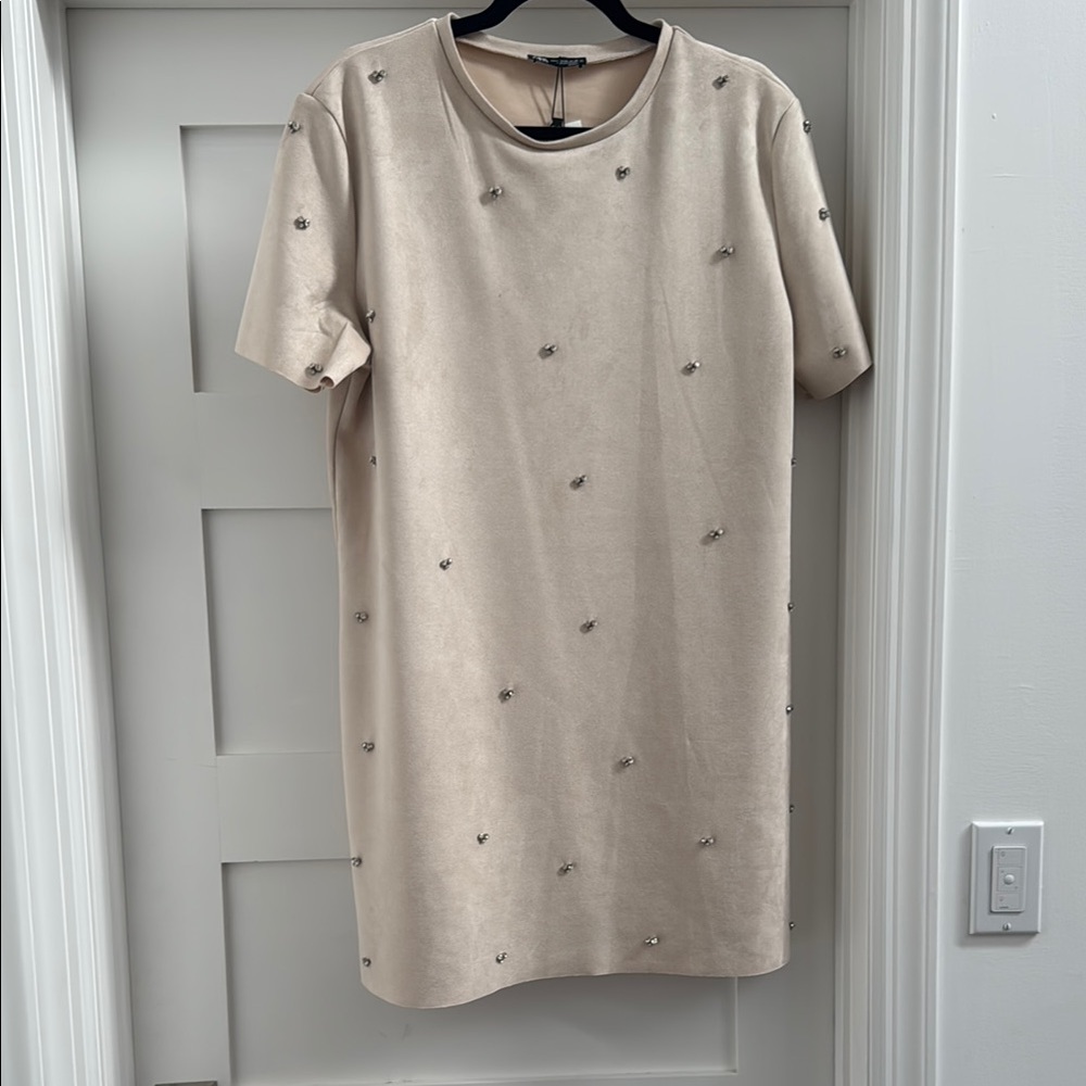 Zara Embellished Beige Short Sleeve Dress